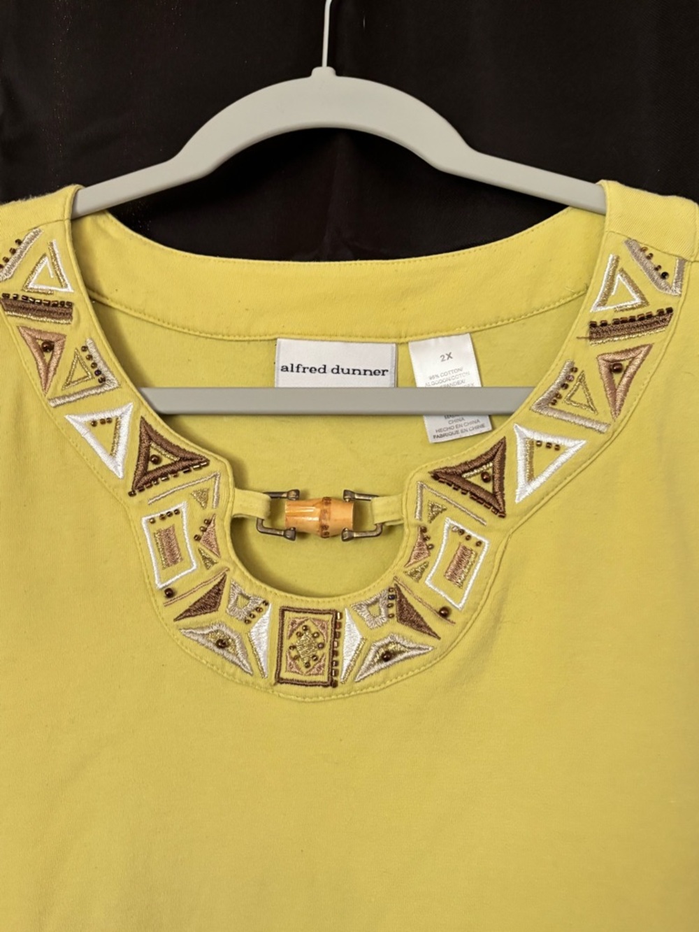 Alfred Dunner Olive Mustard Short-Sleeve Top with Embroidered Geo Neckline